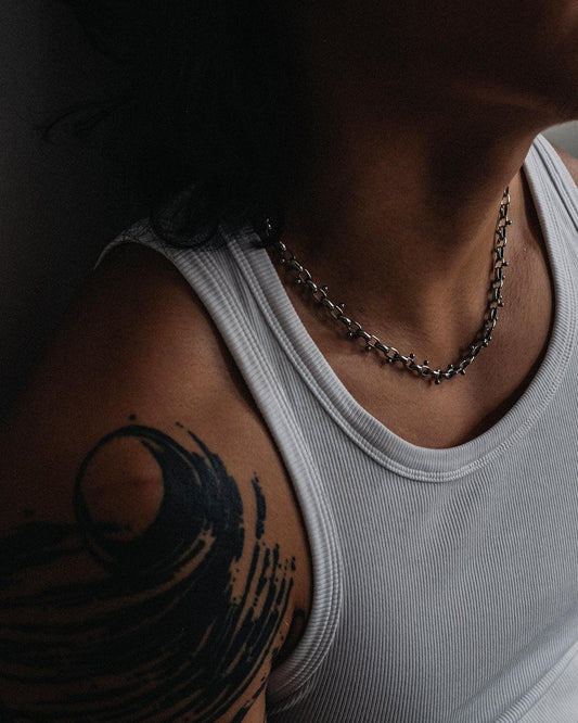 POEMIC Apéritif Necklace crafted with saltwater-safe PVD Rhodium plating. Maximum durability, never take it off.