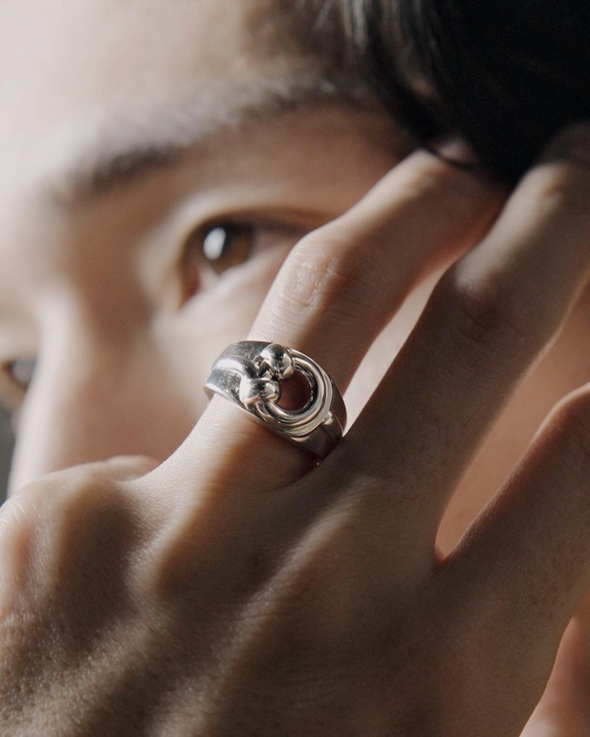 POEMIC Lucid Ring styled on model. Sterling silver signet for everyday wear.