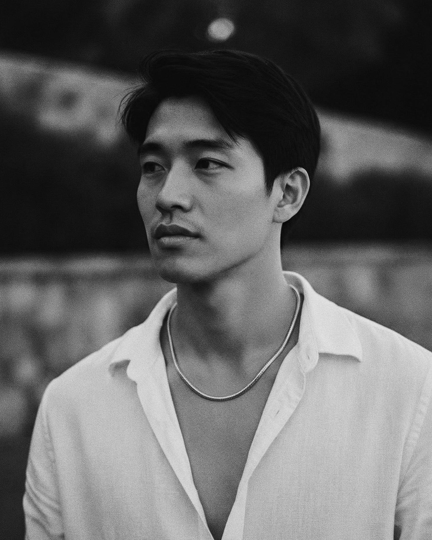 POEMIC Nuance Necklace styled on model. Effortless clean look for everyday essential.
