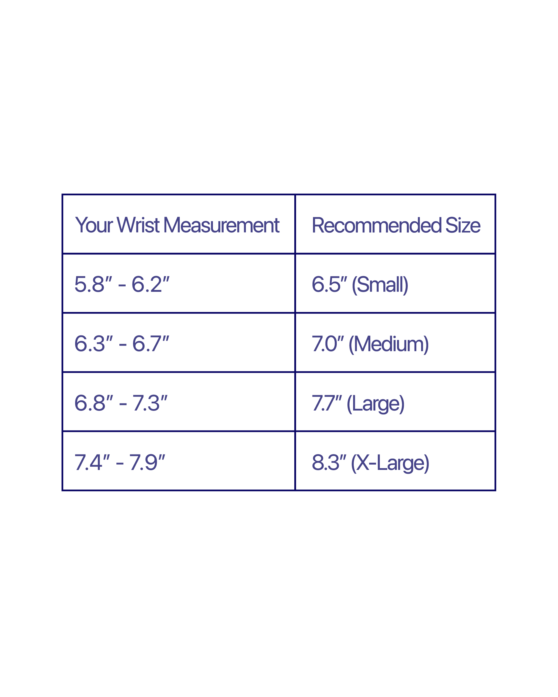 POEMIC bracelet size chart matching wrist measurement to recommended size